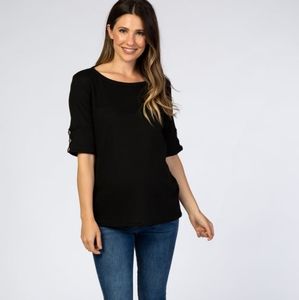 Black Waffle Knit Button Sleeve